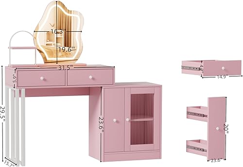 Miniatura 8 de PAKASEPT Escritorio de maquillaje rosa con espejo y luces, mesa de maquillaje con mucho almacenamiento, 3 modos de iluminación, brillo ajustable,