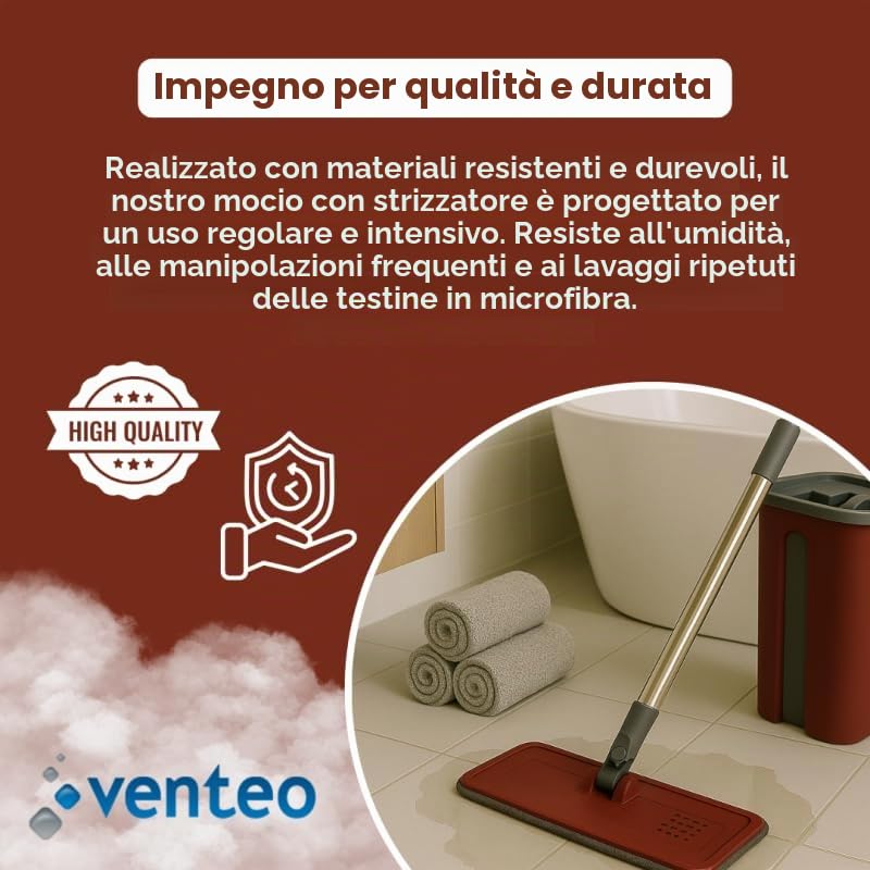 VENTEO Mocio extra large con testa girevole a 360°, secchio con doppia pulizia e centrifuga, 4 panni in microfibra lavabili, manico XL 130 cm con testa a sfera con clip