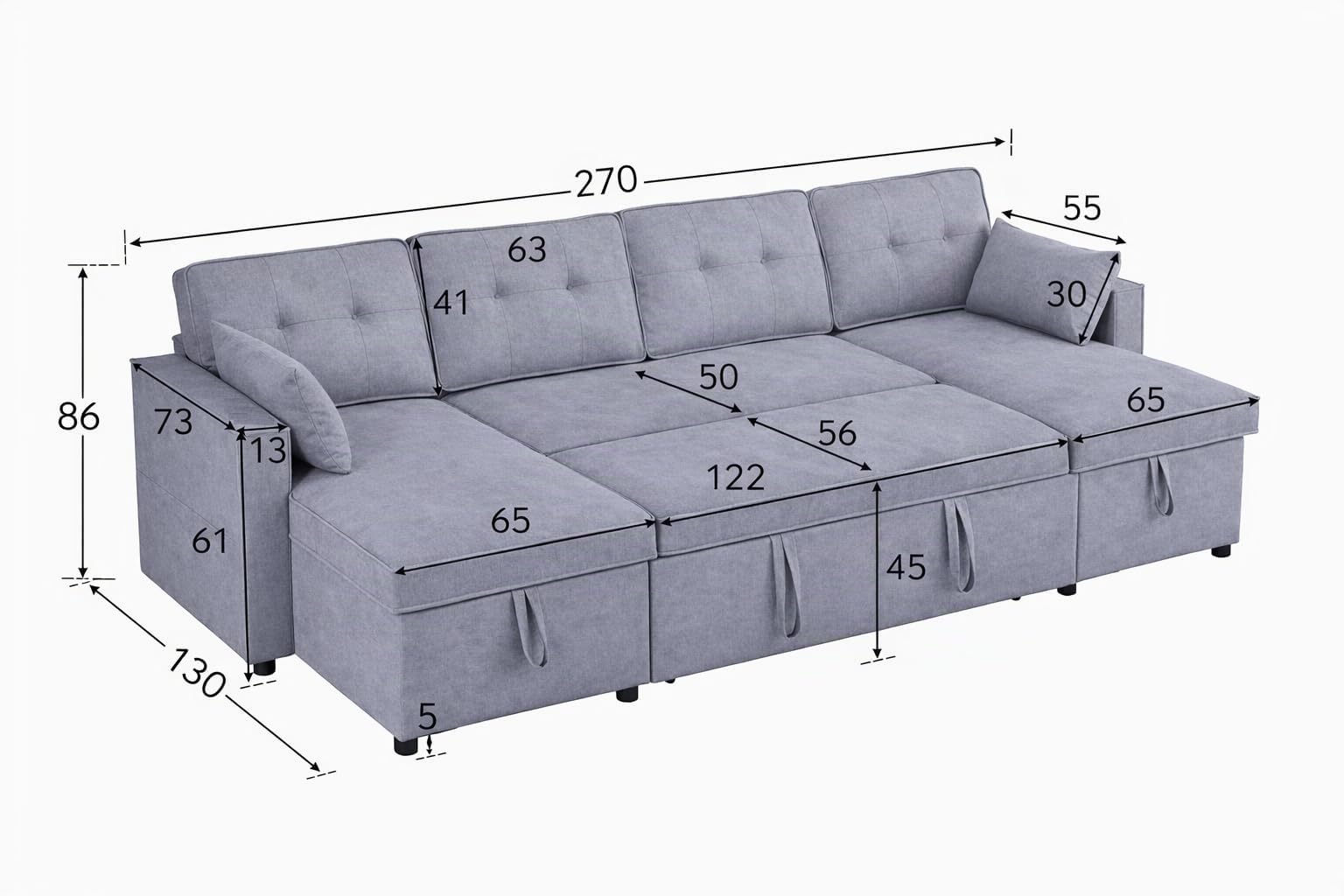 MUEBLIX.COM | Sofa Cama Chaiselongue Ucero 3 Plazas, Cama Doble en U, Sillón Cama Extraible, Doble Arcón, Tejido Antimanchas, Color Gris