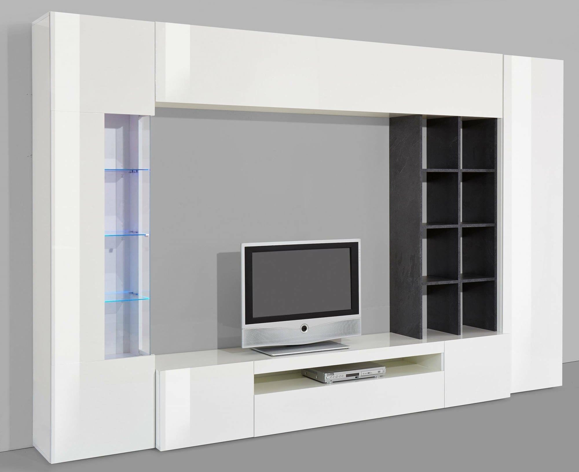 Dmora Parete Attrezzata Ocean 40x290x192h cm Bianco Lucido 20 Ripiani 24 Vani, 6 Ante Made in Italy