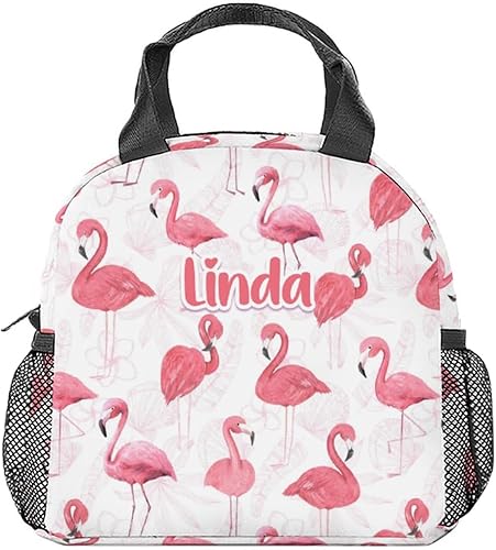 Lonchera de flamenco con nombre personalizado para niñas, pequeñas bolsas de almuerzo personalizadas, aisladas, bonita lonchera reutilizable para