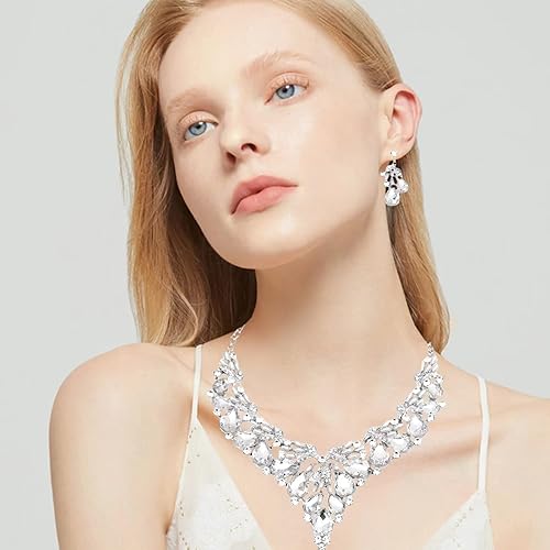 Miniatura 10 de Enrwin Gold Plated Wedding Bridal Bridesmaid Austrian Crystal Pearl Costume Statement Necklace Dangle Earrings Jewelry Set for Wedding Party Prom