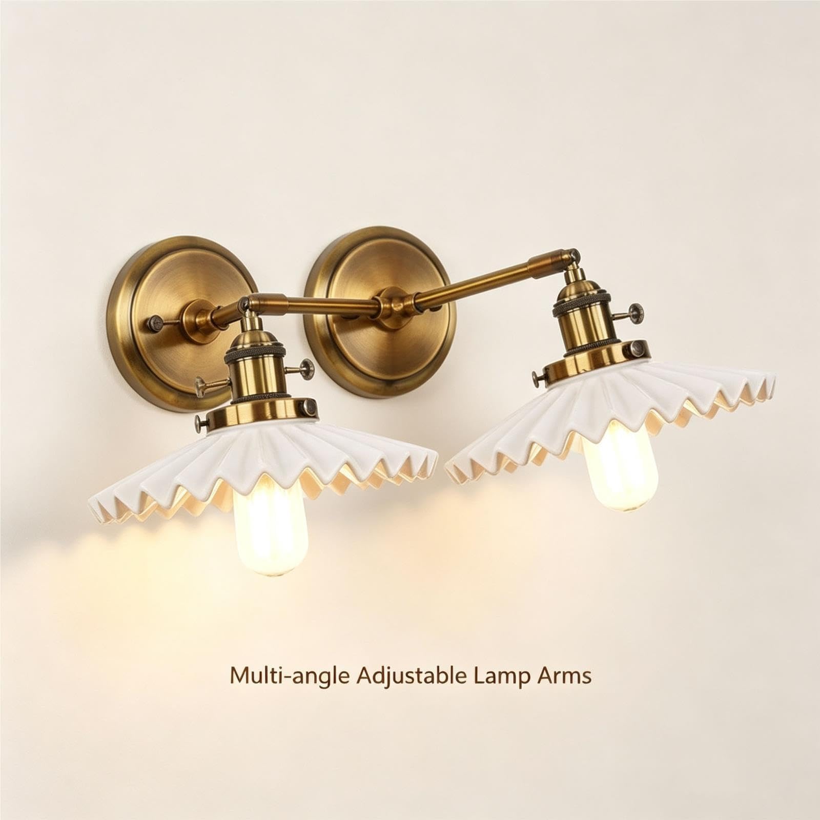 Lampada parete doppia testa regolabile con paralume ceramica vintage | Doppi bracci regolabili, interruttori indipendenti, paralumi in ceramica plissettata, stile rustico vintage caldo(Gold)
