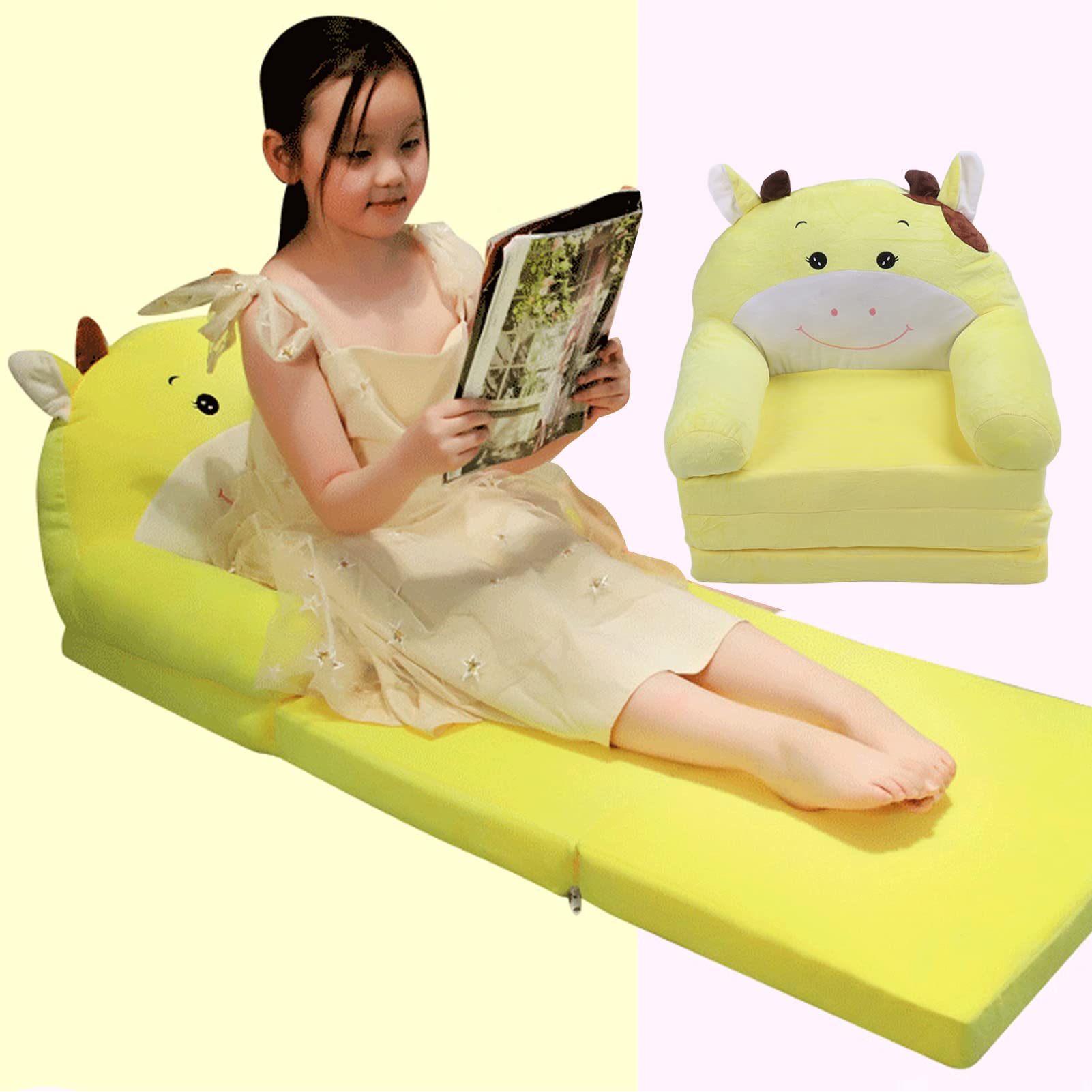 Generic Krzesło Sofy dla Niemowląt 1 Rok, Dzieci śpiące Krzesło Kreskówka Składana Sofa dla Dzieci 2 w 1 Klapka Otwarte Kanapa na sofę dla Sofa na sofę żółtą krowę (3 poziom)