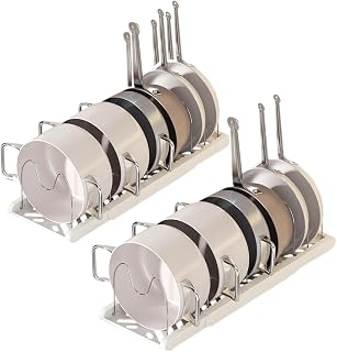 Pot Rack -Expandable Pan Organizer for Cabinet,Pot Lid Holder with 7 Adjustable Compartment for Kitchen Cabinet Cookware Baking Frying Rack,2Pack,Apricot