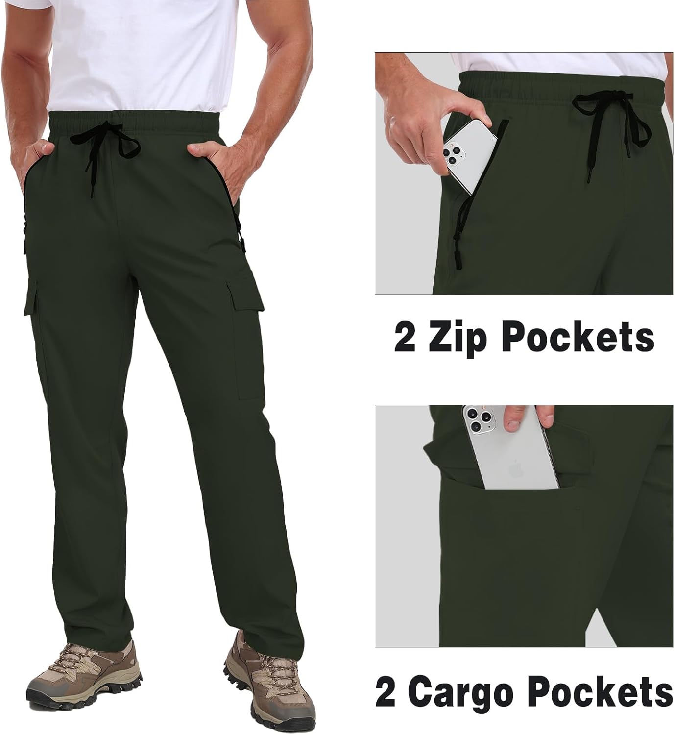 Men's Hiking Pants UPF 50+ Cargo Quick Dry Water Resistant Elastic Waist Zip Pockets Travel Work Lightweight Running