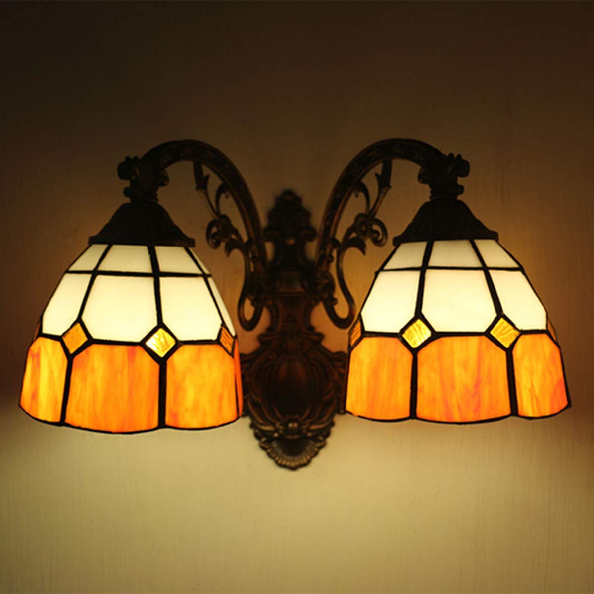 Tiffany Style 2-Light Wall Sconce Lamp Mediterranean Stained Glass Wall Lamp for Bedroom Bedside Hotels Cafes Corridor Balcony (5 Colors),Orange