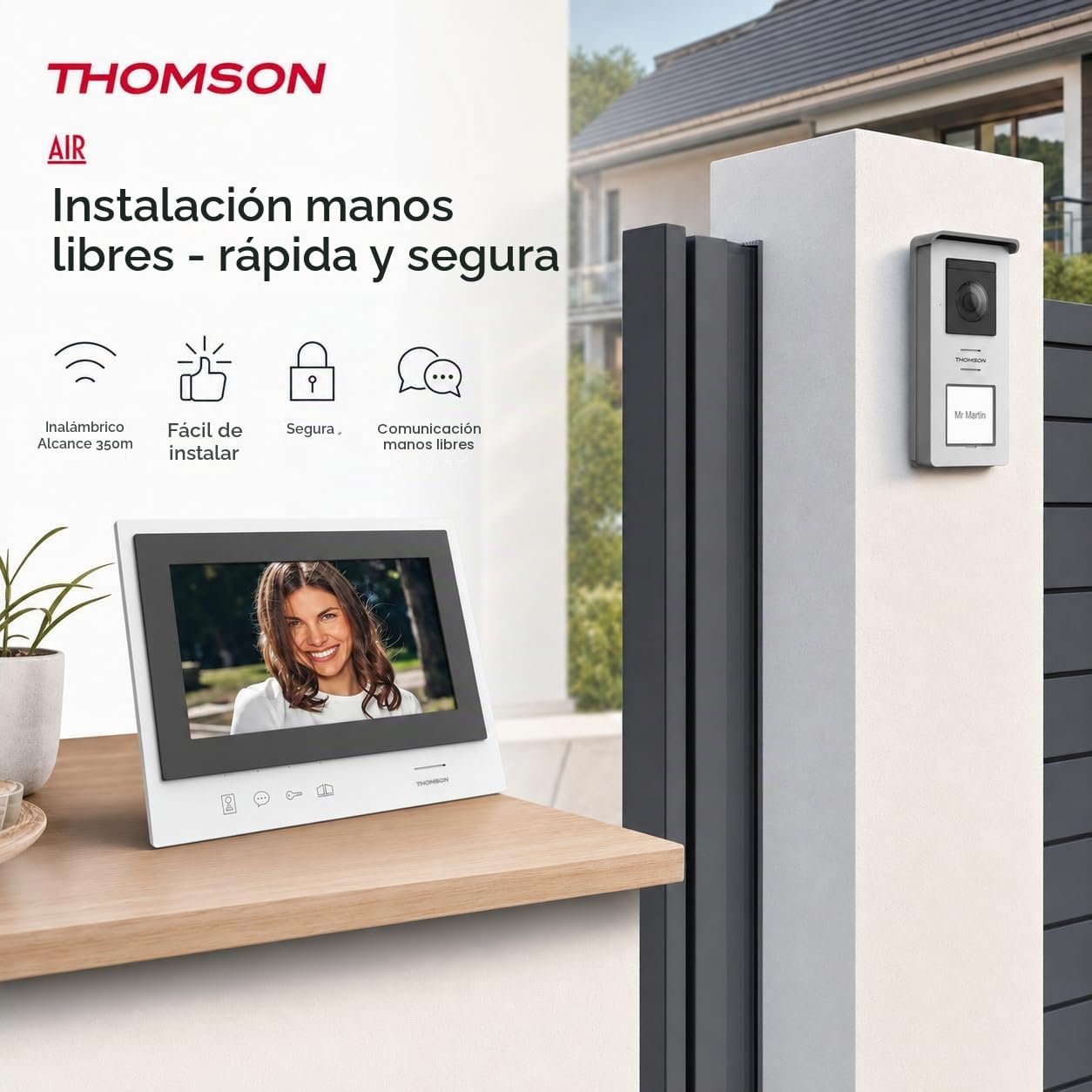 THOMSON Videoportero Inalámbrico con Pantalla, Interfono y Cámara Exterior | Pantalla HD de 7", alcance de 350 m en campo abierto, batería recargable, visión nocturna, SD de 8 GB y función Door Check.