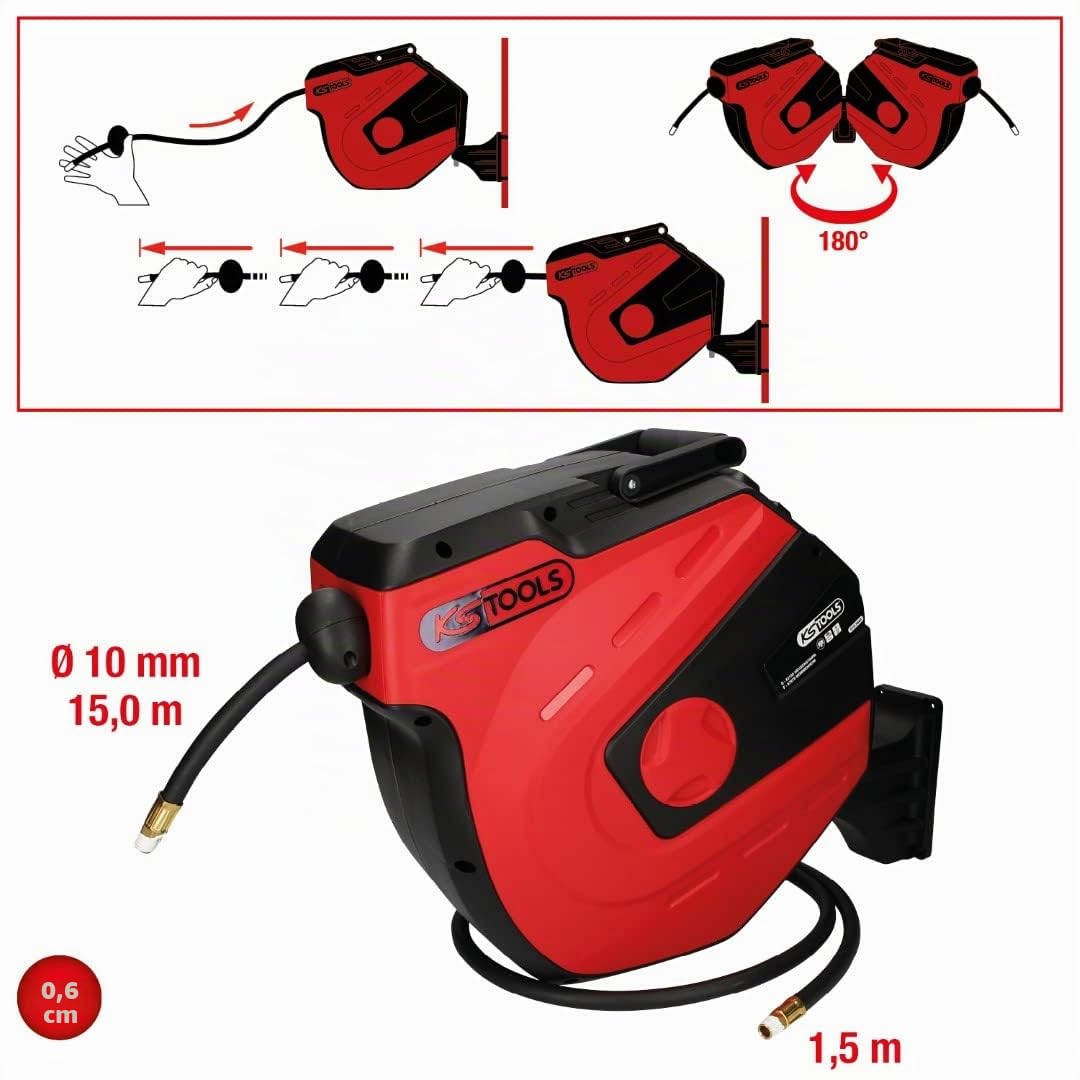 KS Tools Automatischer Druckluftschlauch-Aufroller, Schwarz/Rot, Ø 10 mm x 15 m