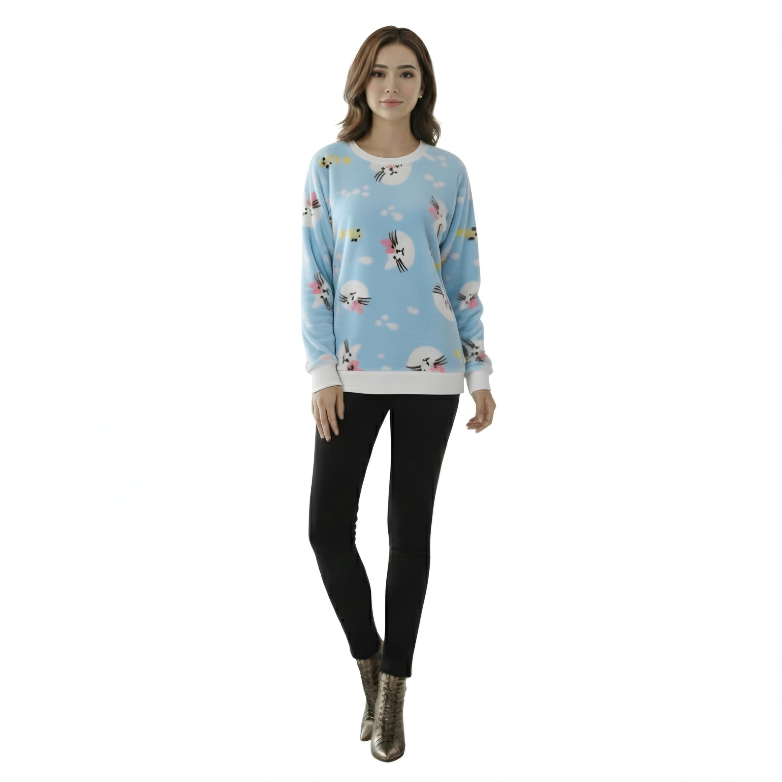 KD Fashion Collection Women's Plush Fleece Sweatshirt | Cute Cat Graphic Print Winter Pullover | Relaxed Fit Crew Neck | Size XL | Sky Blue & Mint Green-image-20