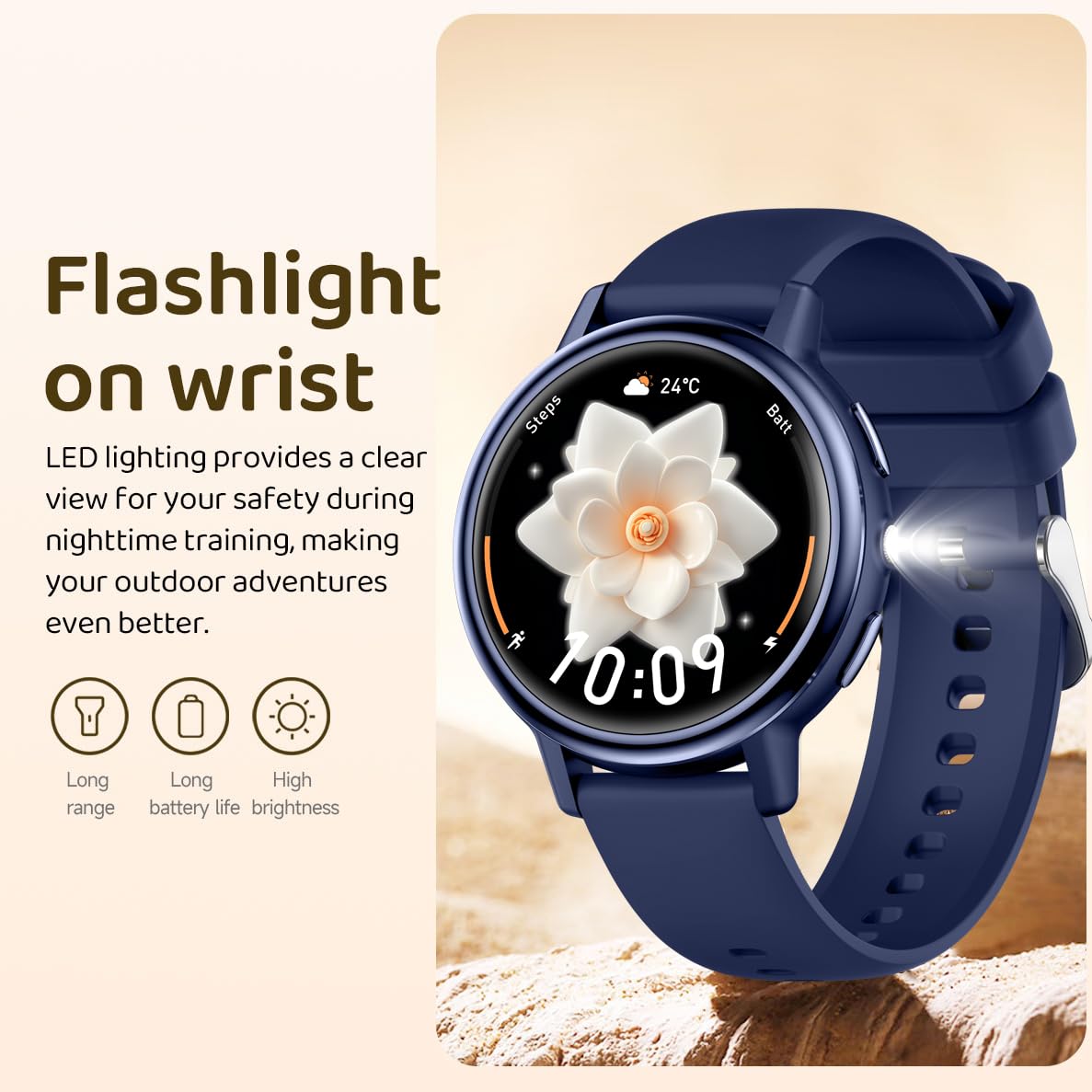 findtime Damen Smartwatch mit Telefonfunktion, 1.26" IPS Rund Touchscreen Elegante Rosa Armbanduhr mit Menstruationszyklus Schlafmonitor Schrittzähler Taschenlampe
