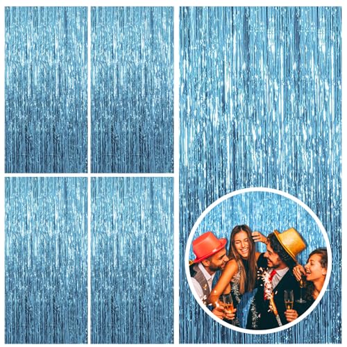 Image of 5 Pack Blue Backdrop Curtain Tinsel Streamers Ocean Themed Decor Birthday Party Decorations Foil Fringe Backdrop Graduation Baby Shower Bachelorette Winter Party Decorations Supplies
