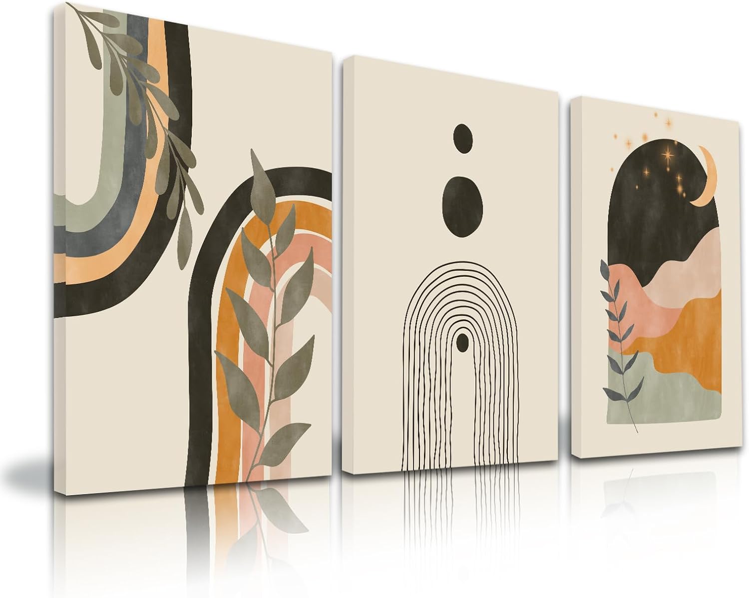Boho Wall Art Prints Set Of 3, Mid-Century Modern Wall Prints, Minimalist Framed Canvas Paintings Black Beige Orange Moon Plant Desert Geometric Neutral Abstract Artwork Pictures(12"X16") boho 08 16L" x 12W"