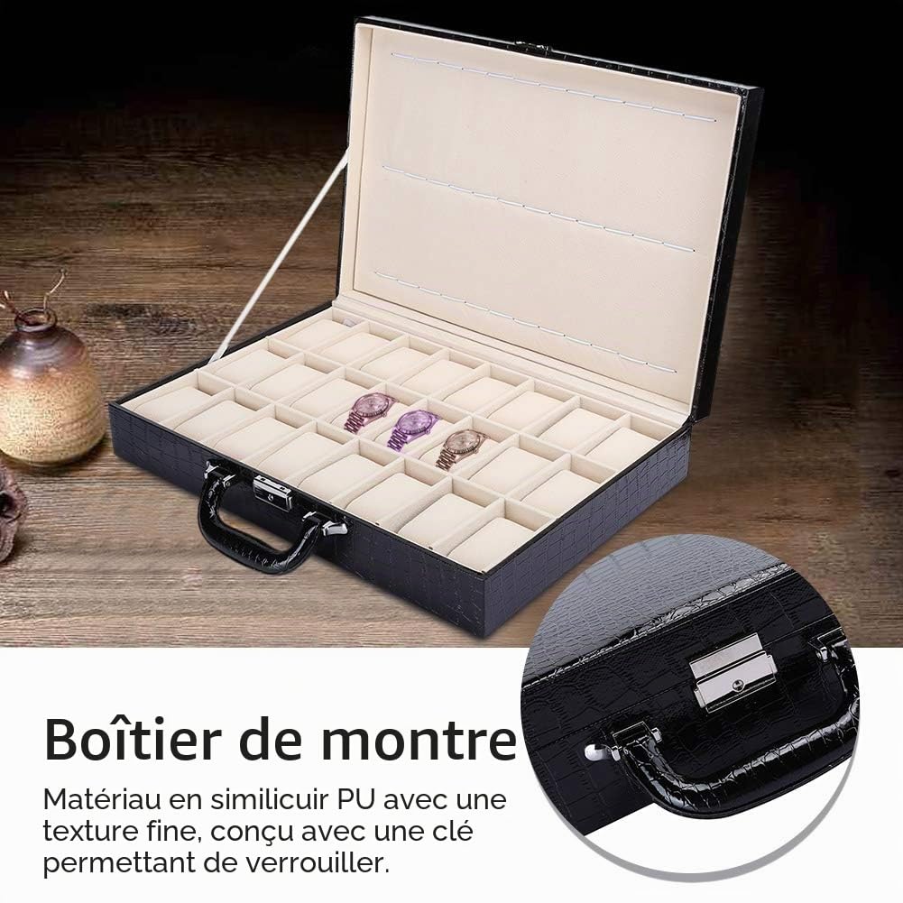 BoîTe De Rangement pour Montre 24 Grille Montre Valise en Cuir PU Grand Espace Organisateur De Montre avec Clé 16,9 x 11,4 x 3,5 Pouces