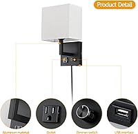 Vista 9 de Aplique de pared enchufable, lámpara de pared de cabecera con enchufe e interruptor regulable, con puerto de carga USB y enchufe, adecuado
