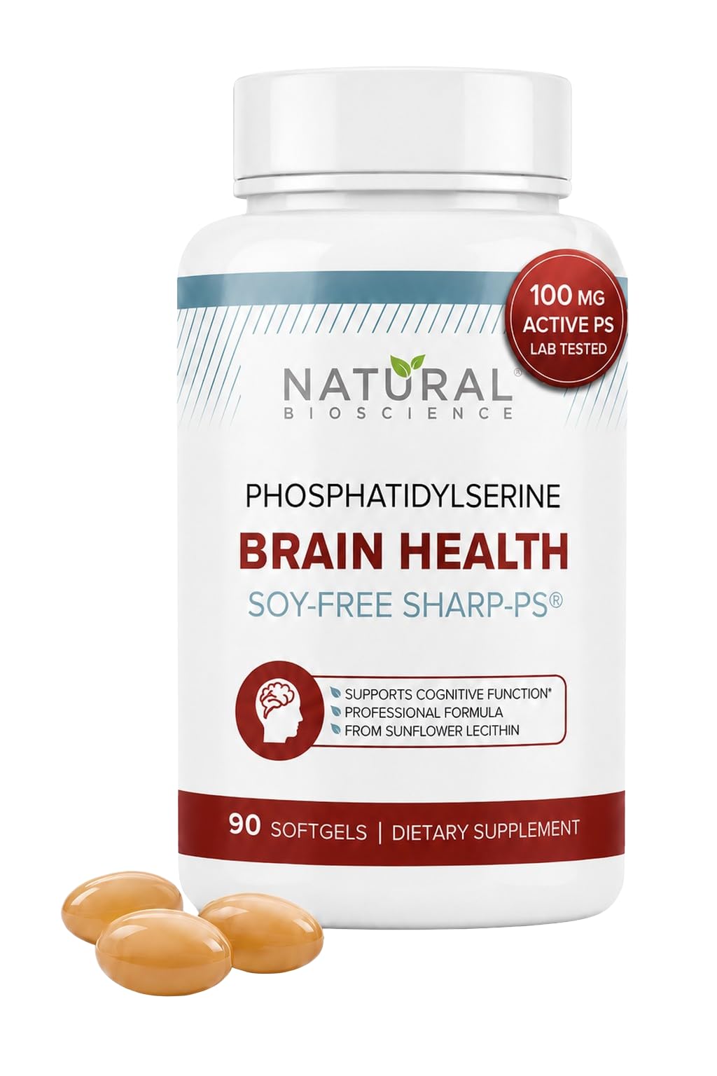 Soy Free Phosphatidylserine 100mg - Phosphatidylserine Supplement from Sunflower Lecithin, Patented Sharp PS100, Brain Health, Memory Aid, Cortisol Control, Mental Sharpness, 90 Softgels 90 Count (Pack of 1)
