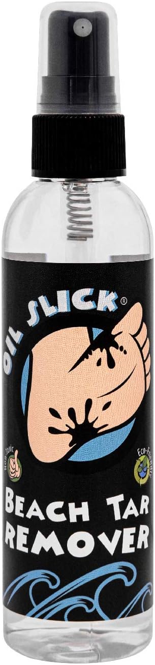 Oil Slick Beach Tar Remover 4oz Spray | Non Toxic and Eco-Friendly Tar Remover | Great Tar Remover for Kids | Works on Surfboards, Shoes, Sandals, and Beach Gear | Made in the USA