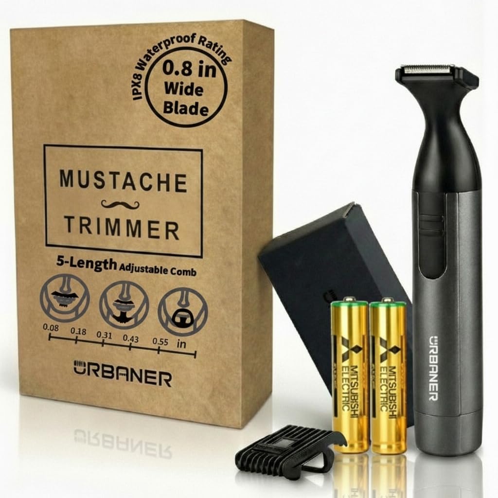 URBANER Mustache Trimmer – 0.8" Wide Blade, Waterproof & Adjustable, 0.08”-0.55” Precision Settings, Lightweight Grooming Clipper with Japanese Steel Blade for Travel Use, Beard Trimmer for Men