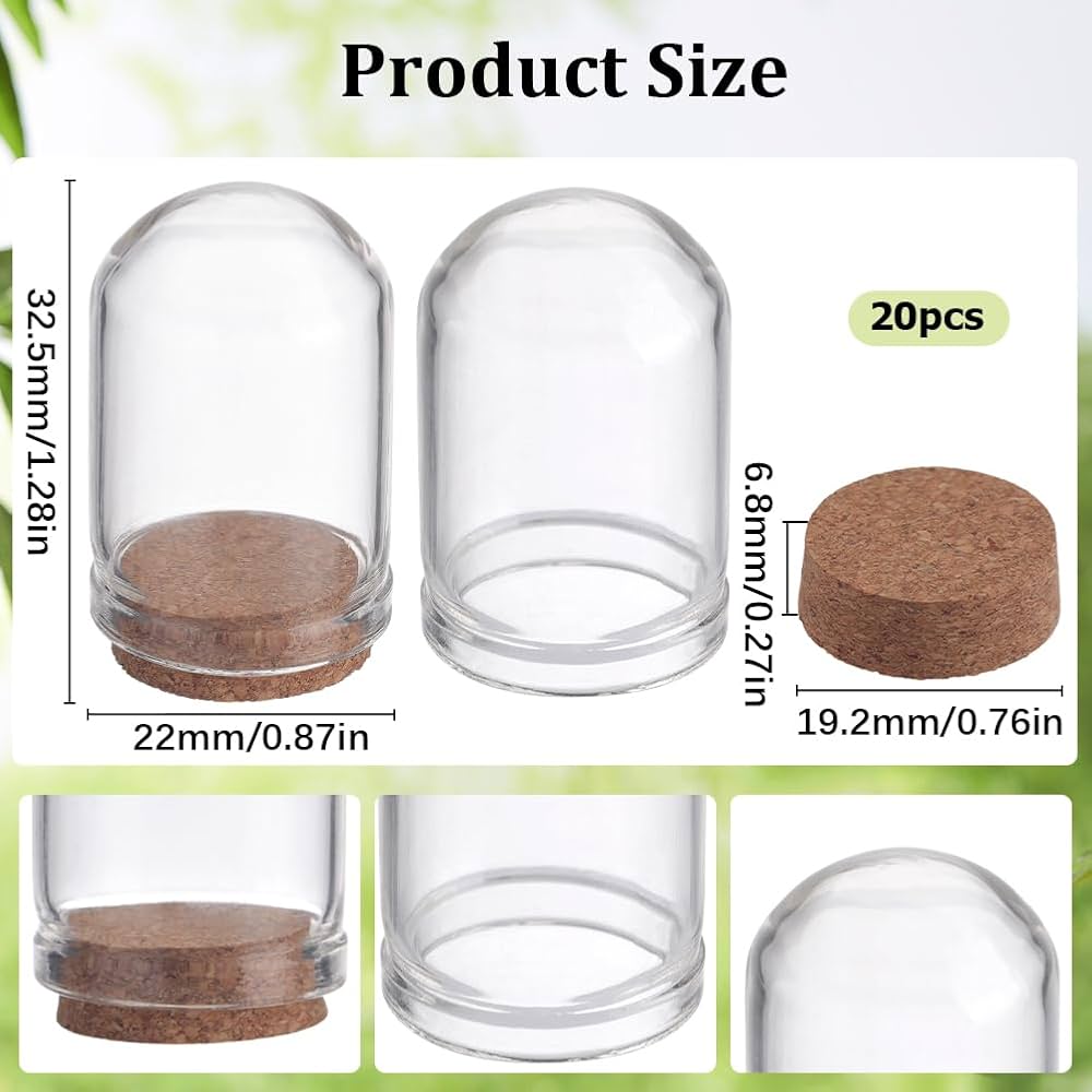SUNNYCLUE 10 pz 7x3 cm Cupola in Vetro con Display Cloche Campana in Vetro Mini Bottiglie di Cupola con Display A Base Sughero Vetrina per Riporre Fiori Bomboniere Natalizie Fornit