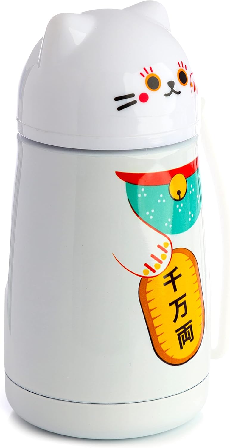 Puckator Maneki Neko - Stainless Steel Water Bottle - Cold for 24h and Hot for 12h - Metal Water Bottles with Lucky Cat Design - Double Walled Modern Thermos Flask - Bpa Free - 300 ml