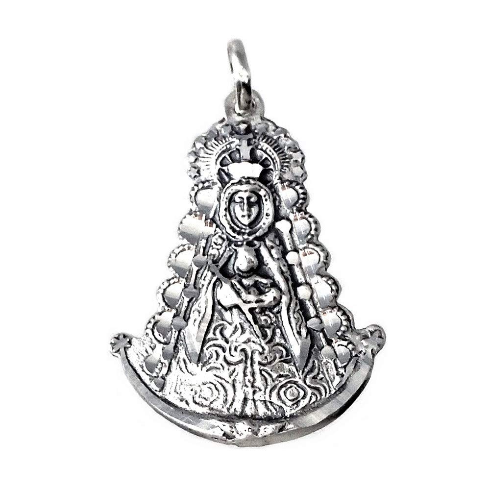 Colgante plata Ley 925m imagen Virgen del Rocío 38mm. silueta detalles tallados maciza - Personalizable - GRABACIÓN INCLUIDA EN EL PRECIO