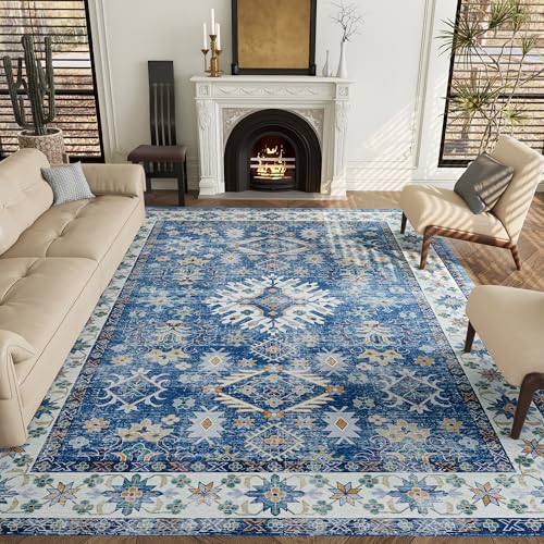 Vintage 8x10 Washable Area Rug, Low-Profile Large Area Rug with Non-Slip Backing & Durable Edge Binding, Pet-Friendly Carpet, Large Rug for Living Room, Bedroom, Dinning Room