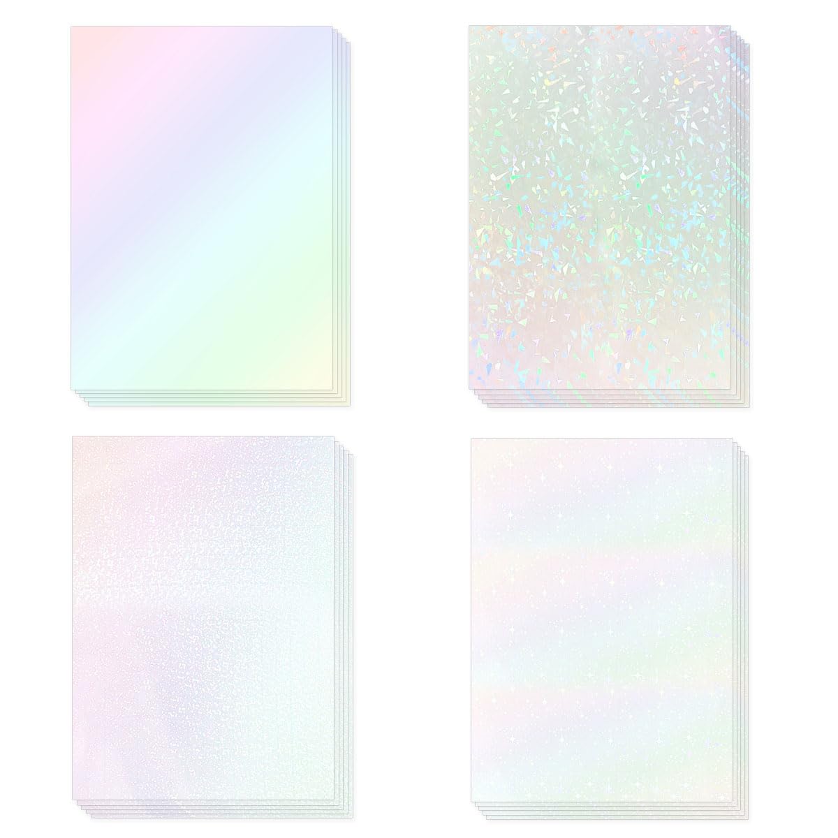 20 Sheets Holographic Sticker Paper A4 Size Vinyl Lamination Stickers Film Waterproof Self Adhesive Transparent Overlay Laminate Sticker Paper Clear Holographic Laminate Sheet for Photo (4 Styles)
