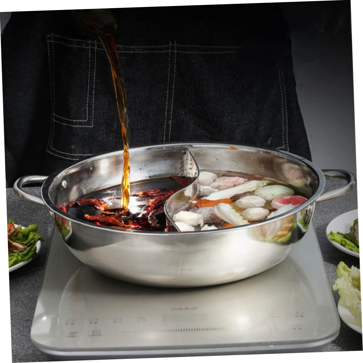 GLEAVI Stainless Steel Divided Hot Pot Cooker with Dual Flavor 2-Section Seafood and Soup Pot for Electric Induction Cooktops and Gas Stoves for Family Gatherings