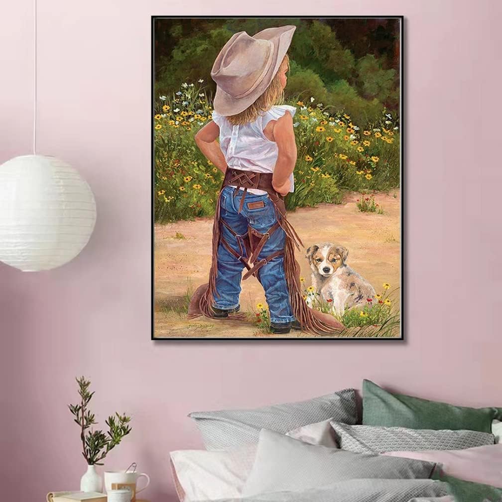 Kit de pintura de diamantes 5D para adultos, pequeño vaquero con perro, rodeo americano occidental para niños, Manualidades, 30 x 40 cm