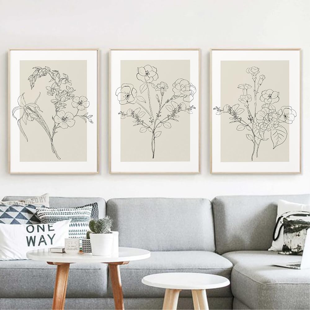 WBYZAC Art Prints-Botanical Flower Line Beige Posters Wall Art Boho Canvas Painting Floral Print Pictures Neutral Living Room Bedroom Kitchen Home Decor-50 * 70cm*3PCS (No Frame)