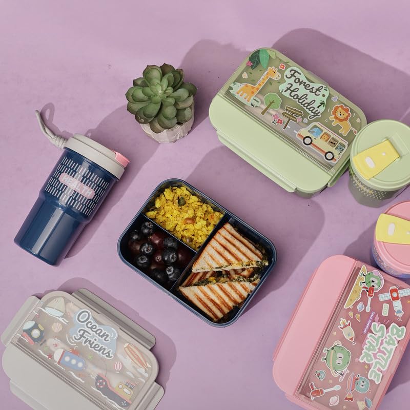 Image of Lunch Boxes 600 ml with 500ml Water Bottle Combo| Plastic 3 Compartment Leakproof Bento Box for School Picnic Office Boys and Girls - 4-Side Lock (Color - Pink)