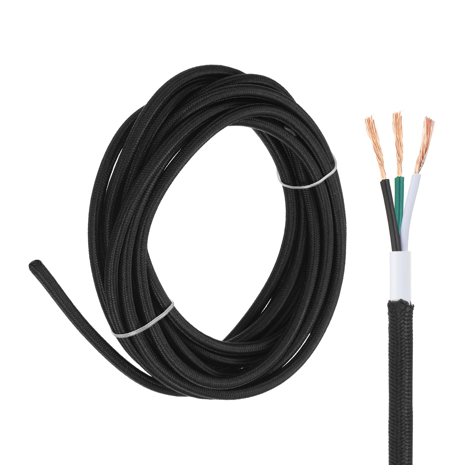 sourcing map 15Ft Cloth Covered Lamp Wire, UL Listed 18AWG 3 Conductor Fabric Vintage Industrial Cord, 300V SVT Braided Electrical Wire for DIY Lamp Parts Lighting Project, Black