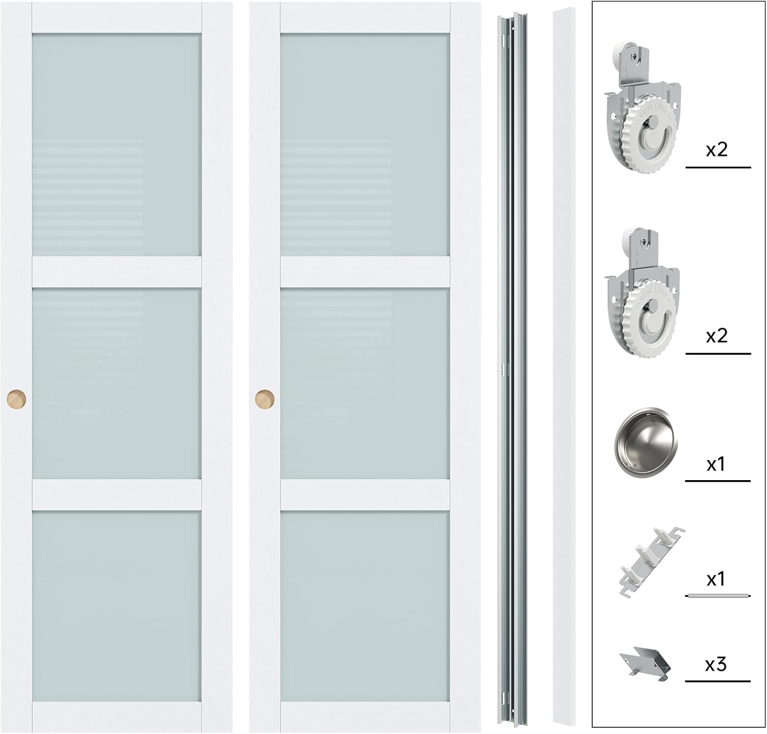 Finosen Preassembled Sliding Closet Door 48"×80"(Double 25"), 3-Lite Frosted Glass Bypass Door with Hardware Kit Include,Wood Slab with Water-Proof PVC Surface, Easy to Install, White.
