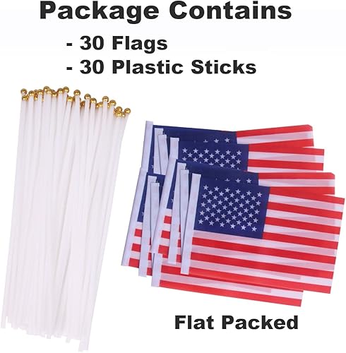 Miniatura 2 de Banderas americanas pequeñas con palos, 30 banderas de mano de 5 x 8 pulgadas, banderas estadounidenses de poliéster para decoración patriótica del