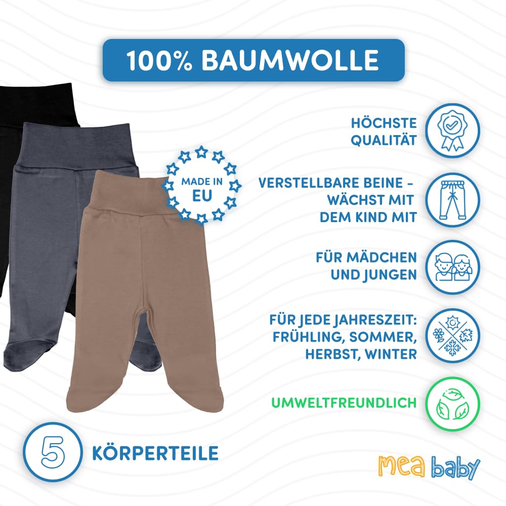 MEA BABY Pantalones unisex para bebé con pie de 100% algodón en paquete de 5 unidades. Pelele para bebé con pie. Pantalones de bebé con pie para niños.