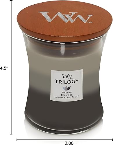 Vista 4 de WoodWick Warm Woods Vela mediana en frasco, con forma de reloj de arena, cera de mezcla de soja prémium, mecha de madera Pluswick Innovation