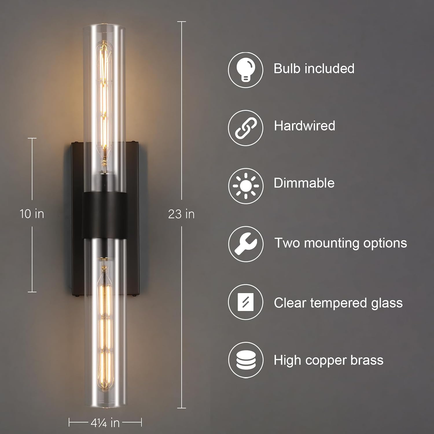 Luxury Brass Bathroom Wall Sconce - Black Vanity Light - Brushed Cylinder Glass Sconces - Vertical or Horizontal Mount Dimmable Lighting Fixture for Bathroom Living Room Bedroom Entryway Porch Hallway