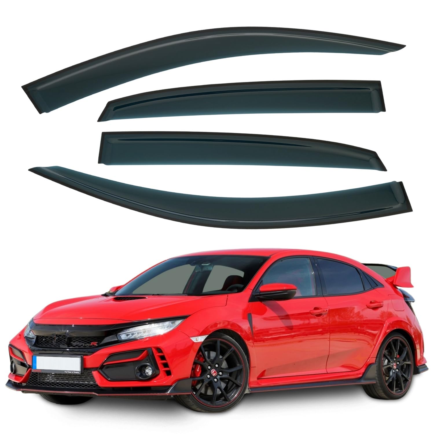 Juego de 4 deflectores de viento STICK-ON compatibles con modelos Honda Civic Hatchback tipo R 2017 2018 2019 2020 2021.