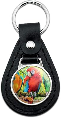 Black Leather Colorful Tropical Rainforest Parrots Keychain