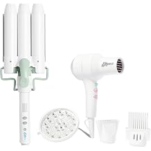 Mane Styling Essentials Set - Mane-Tain the Waves Hair Kit with 1.25 inch Waver and Power Bottom Base, Ionic Compact Hair Dryer with Four Styling Attachments for Beachy Waves and Frizz Free Blowout