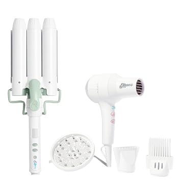 Mane Styling Essentials Set - Mane-Tain the Waves Hair Kit with 1.25 inch Waver and Power Bottom Base, Ionic Compact Hair Dryer with Four Styling Attachments for Beachy Waves and Frizz Free Blowout
