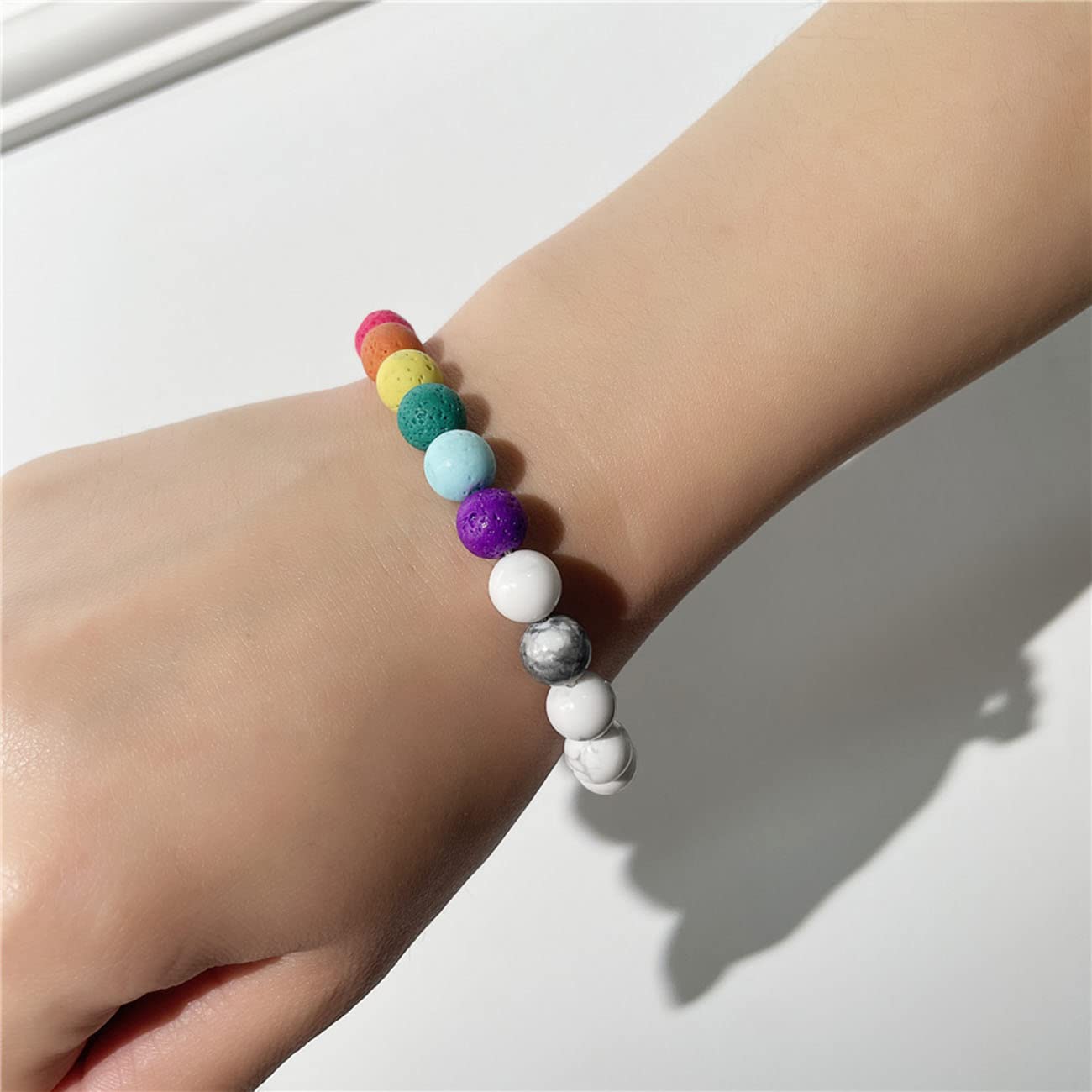 Pulseras para Hombres Pulseras para Damas Pulseras de Acero Inoxidable Moda Retro 8 mm Cuentas de Piedra Natural Coloridas Blanco