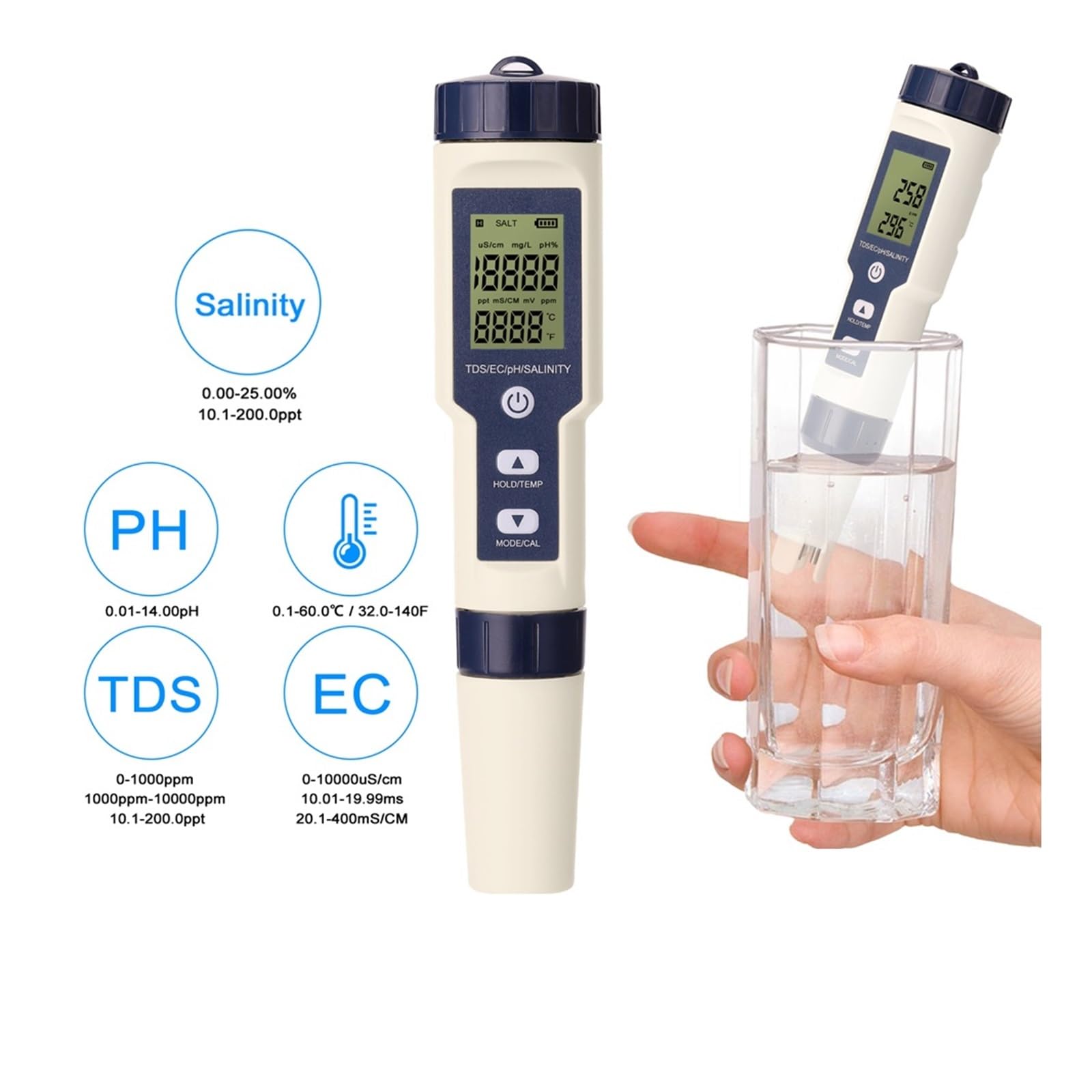 Misuratore Ph, Rilevatore digitale della qualità acqua 5 in 1 Misuratore di test PH/EC/TDS/Salinità/Temperatura Monitor multifunzione for tester della qualità acqua Piscine, Acquari, Acqua Potabile Ec