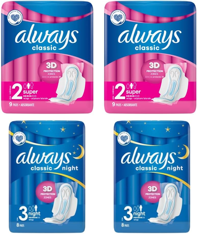 Round-The-Clock Laghman Essentials: Always Classic Maxi & Night Sanitary Pads Bundle - 4 Packs (Size 2 & 3) | Day & Night Protection | 9x2 = 18 Maxi Pads | 8x2 = 16 Night Pads