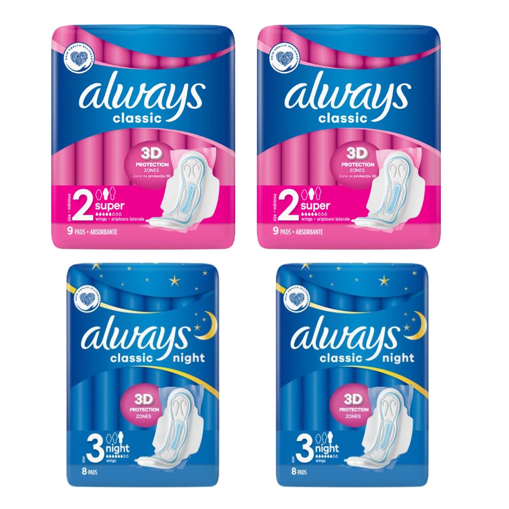 Round-The-Clock Laghman Essentials: Always Classic Maxi & Night Sanitary Pads Bundle - 4 Packs (Size 2 & 3) | Day & Night Protection | 9x2 = 18 Maxi Pads | 8x2 = 16 Night Pads