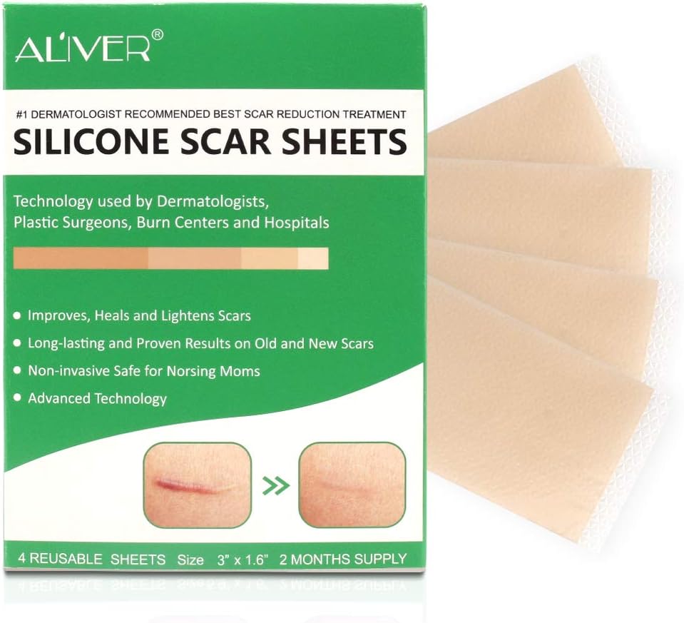 Silicone Scar Removal Sheets, Professional Gel Strips for Scars Caused by C-Section, Surgery, Burns, Injuries Acne, and Stretch Marks Patch Away, 3"×1.6", 4 Sheets Reusable (2 Months Supply)