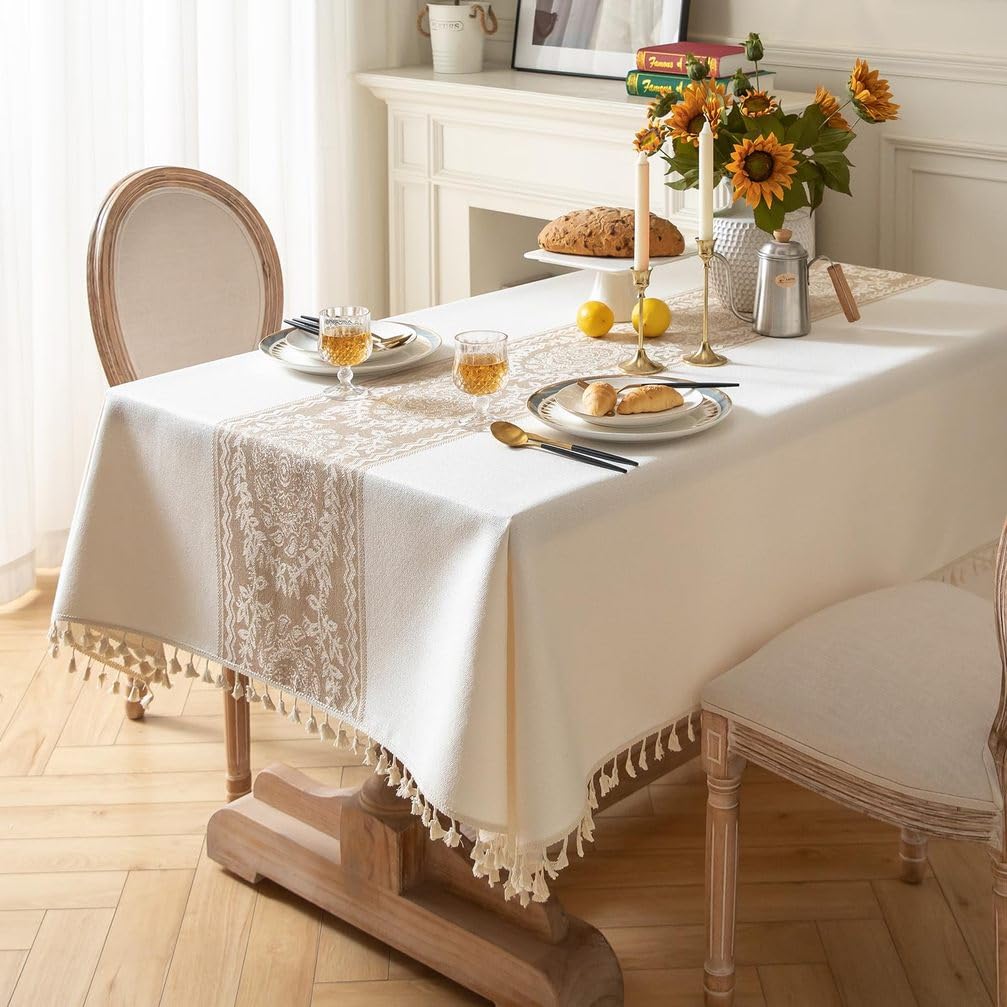 Manteles rectangulares impermeables de lino con borlas elegantes para mesa de comedor de casa