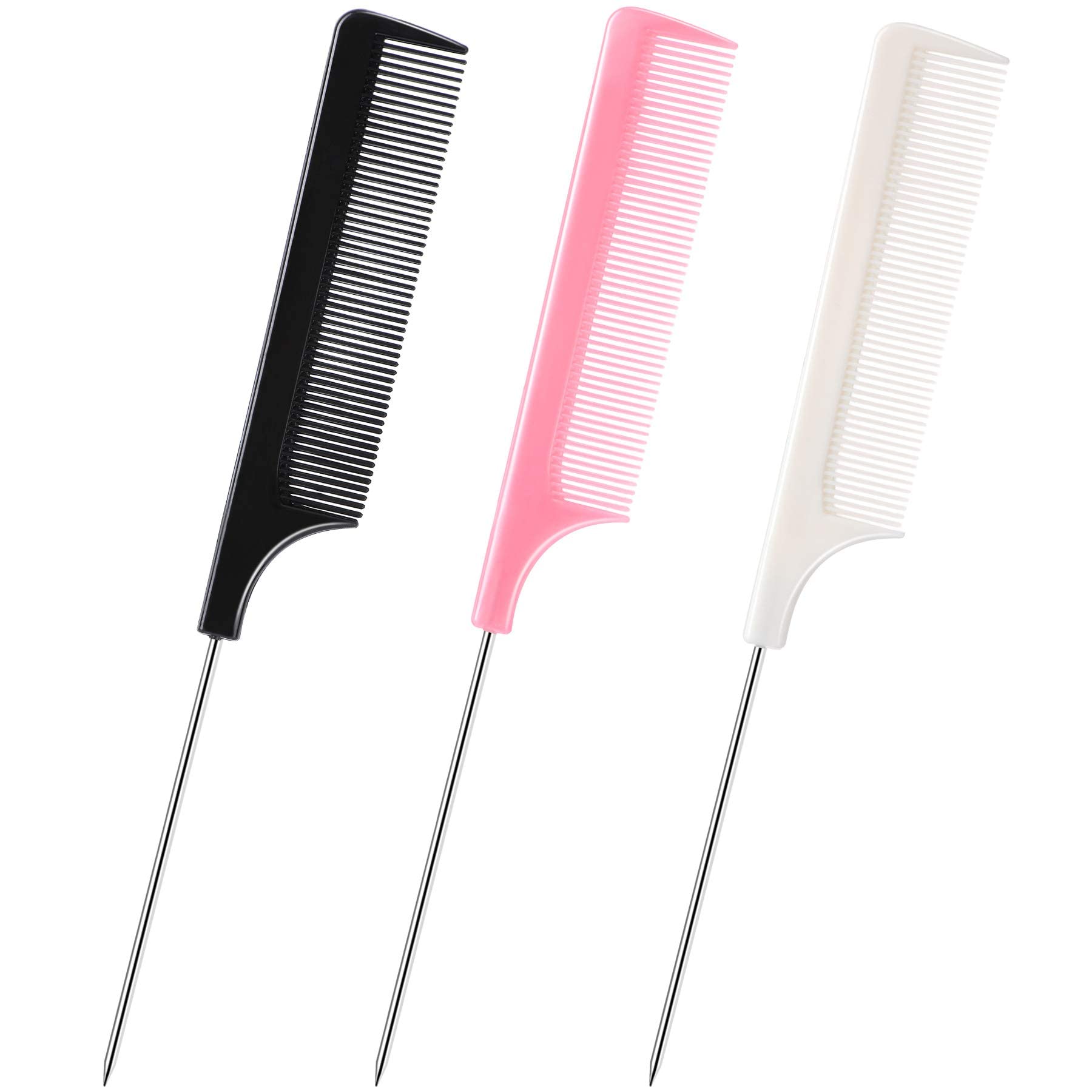 JANYUN 3 Pcs Rat Tail Combs Salon Hairdressing Comb with Stainless Steel Handle, Fine Tooth Combs for Women, Barber