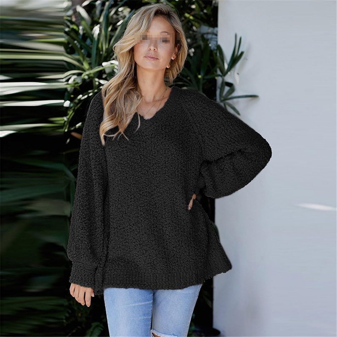 Vogrtcc Damski sweter z dzianiny z dekoltem w serek plus size luźny sweter oversize
