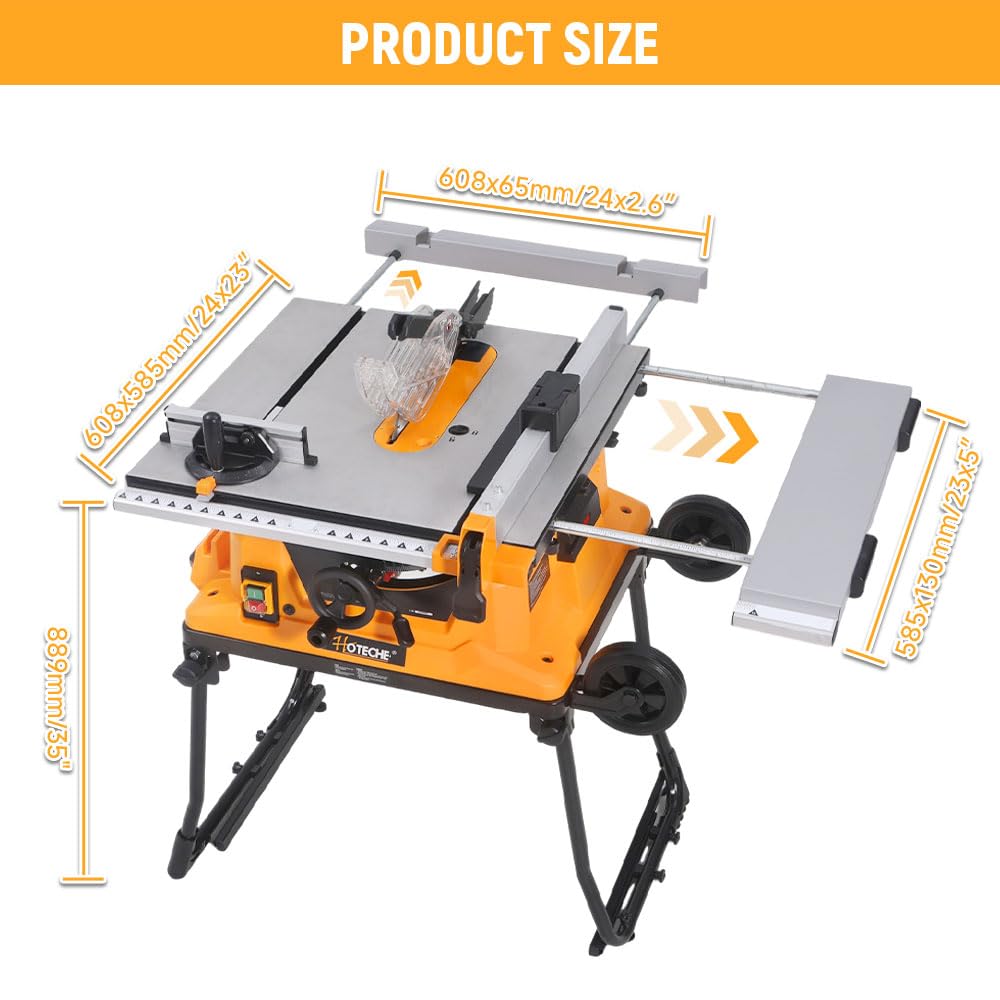 Hoteche Stołowa pilarka tarczowa 1500 W, 254 mm, 4500 obr./min, aluminiowa płyta robocza 608 x 585 mm, głębokość cięcia 80 mm (90°), 55 mm (45°), z pomocą do przesuwania i stołami przedłużającymi
